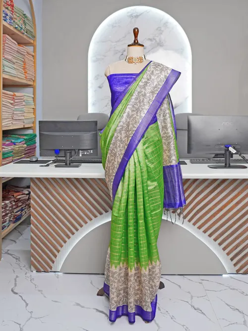 Elegant Semi Tussar Silk Saree with Artistic Prints & Trendy Checks – Includes Printed Blouse with Tassels